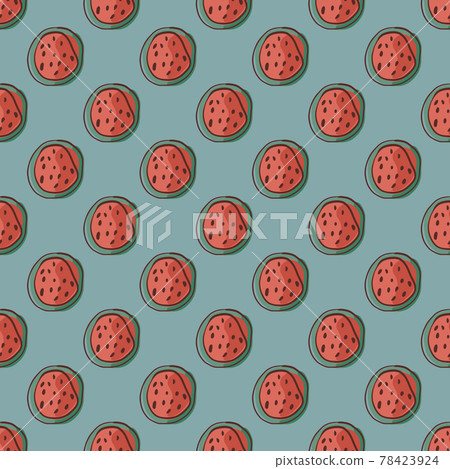 Food summer seamless patternw ith abstract red watermelon half shapes. Blue pastel background. 78423924