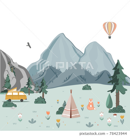Summer camping landscape. Morning in the mountains. Weekend in the tent. Hiking and camping. Vector flat illustration 78423944