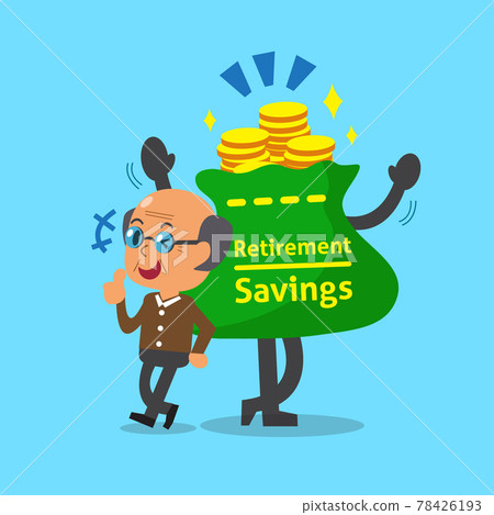 Cartoon old man with retirement savings bag and coins 78426193