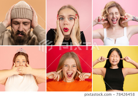 Collage of male and female looking with wide eyed expression being horrified to find out bad news Collage of male and female looking with wide eyed expression being horrified to find out bad news 78426458