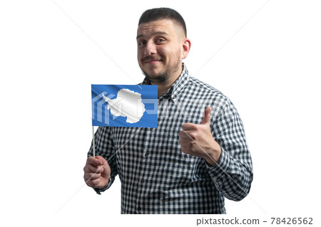 White guy holding a flag of Antarctica and shows the class by hand isolated on a white background. Like for Antarctica White guy holding a flag of Antarctica and shows the class by hand isolated on a white background. Like for Antarctica 78426562