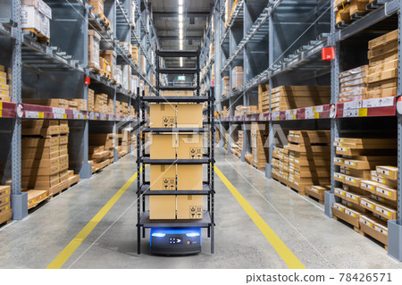 Autonomous robot delivery in warehouses with 5g wireless connection, Smart industry 4.0 concept 78426571