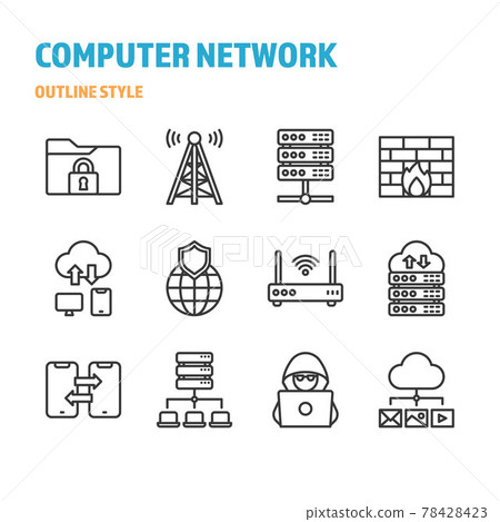 Computer Network in outline icon and symbol set 78428423