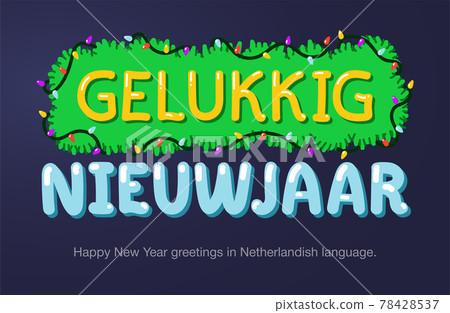 Happy New Year greetings in Netherlandish  language in cartoon style. Inscriptions "Happy New Year" in Netherlandish  language for posters, greeting card, stickers or prints. 78428537