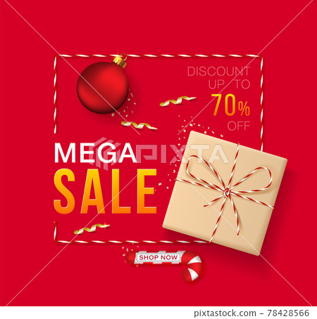 Merry Christmas and New Year banner for mega sale and discount. Red background with realistic gift box in craft paper, Christmas balls, christmas tree, candy and golden confetti. Merry Christmas and New Year banner for mega sale and discount. Red background with realistic gift box in craft paper, Christmas balls, christmas tree, candy and golden confetti. 78428566