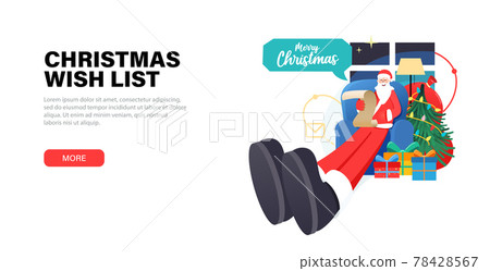Happy Santa Claus relaxing at home christmas eve sits in a chair and looking through the wishlist for gifts or reads a letter from children. Banner with gift boxes, christmas tree and Santa Happy Santa Claus relaxing at home christmas eve sits in a chair and looking through the wishlist for gifts or reads a letter from children. Banner with gift boxes, christmas tree and Santa 78428567