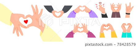 Big collection with I love you heart sign. Set of Valentine day and expressions love to you, message of love using hand gestures, shapes heart with both hands. 78428579