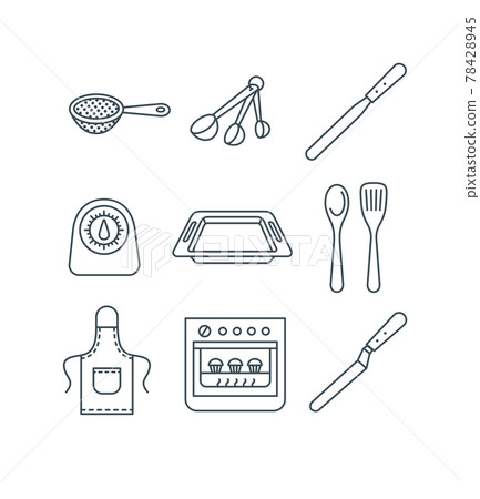 Home baking kitchen tools thin line vector icons Home baking kitchen tools thin line vector icons 78428945