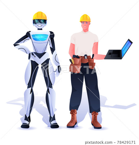 robot and workman in hardhats construction workers standing together artificial intelligence concept robot and workman in hardhats construction workers standing together artificial intelligence concept 78429171