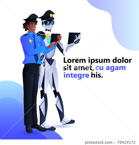 police robot with african american patrol man cops in uniform using tablet pc artificial intelligence technology police robot with african american patrol man cops in uniform using tablet pc artificial intelligence technology 78429172