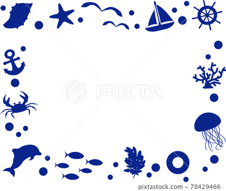 海洋生物、貝殼和船舶插圖的剪影框架背景材料 78429466