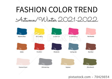 Fashion Color Trend Autumn Winter 2021 - 2022. Trendy colors palette guide. Brush strokes of paint color with names swatches. Easy to edit vector template for your creative designs 78429854