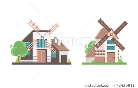 Set of Mills, Ancient Windmill Rural Buildings for Grain or Bread Processing Cartoon Vector Illustration Set of Mills, Ancient Windmill Rural Buildings for Grain or Bread Processing Cartoon Vector Illustration 78429911