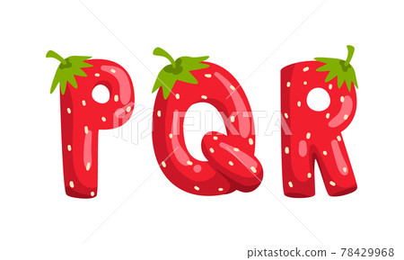 PQR Ripe Fresh Strawberry Alphabet Letters, Tasty Bright Jelly Red Berry Font Cartoon Vector Illustration 78429968