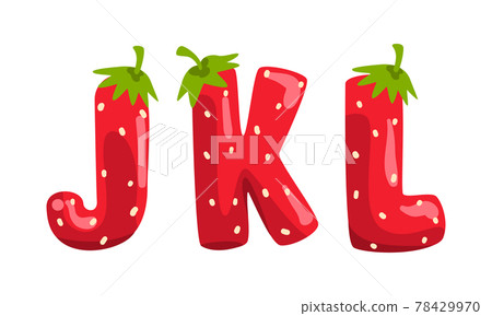 JKL Ripe Fresh Strawberry Alphabet Letters, Tasty Bright Jelly Red Berry Font Cartoon Vector Illustration 78429970