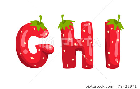 GHI Ripe Fresh Strawberry Alphabet Letters, Tasty Bright Jelly Red Berry Font Cartoon Vector Illustration GHI Ripe Fresh Strawberry Alphabet Letters, Tasty Bright Jelly Red Berry Font Cartoon Vector Illustration 78429971
