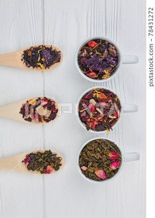 Different types of dry tea on white background. 78431272