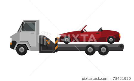 Tow truck. Flat faulty car loaded on a tow truck. Vehicle repair service which provides assistance damaged or salvaged cars 78431930