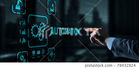 Man clicks on 3d virtual screen Automation. Optimization of business and production processes Man clicks on 3d virtual screen Automation. Optimization of business and production processes 78432824