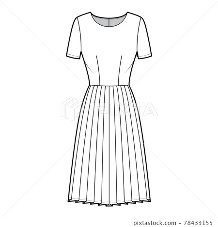 Dress pleated technical fashion illustration with short sleeves, fitted body, knee length skirt. Flat apparel front 78433155