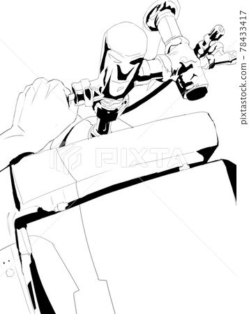 A black-and-white illustration of a realistic hand pushing a flush toilet lever 78433417