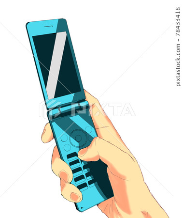 Colorful illustration of a realistic hand holding a feature phone 4 78433418
