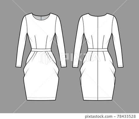 Dress tulip technical fashion illustration with long sleeves, fitted body, knee length peg-top pencil skirt Flat apparel Dress tulip technical fashion illustration with long sleeves, fitted body, knee length peg-top pencil skirt Flat apparel 78433528