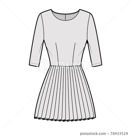 Dress pleated technical fashion illustration with elbow sleeves, fitted body, mini length skirt. Flat apparel front Dress pleated technical fashion illustration with elbow sleeves, fitted body, mini length skirt. Flat apparel front 78433529