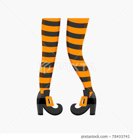 Witch legs in striped stockings and boots isolated on white background. Design element for Halloween party, greeting or invitation card. Vector cartoon illustration Witch legs in striped stockings and boots isolated on white background. Design element for Halloween party, greeting or invitation card. Vector cartoon illustration 78433741