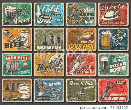 Beer fest, pub and brewery, snacks tin signs set 78433795