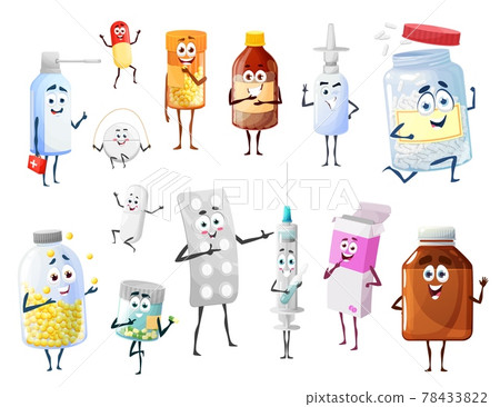 Pills bottles, drugs and vaccine cartoon character 78433822