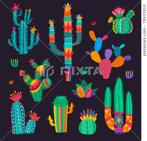Cartoon mexican cactus flowers, desert succulents Cartoon mexican cactus flowers, desert succulents 78433914
