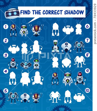 Kids game find the robot shadows, vector riddle 78433929