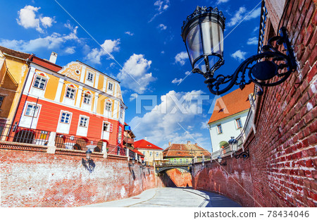 Sibiu, Romania - Historical downtown and Liars Bridge, Transylvania. 78434046