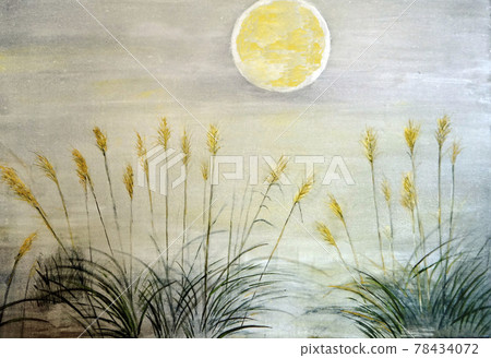 Autumn landscape illustration, harvest moon and pampas grass. Watercolor painting depicting the harvest moon of mid-autumn. Autumn landscape illustration, harvest moon and pampas grass. Watercolor painting depicting the harvest moon of mid-autumn. 78434072