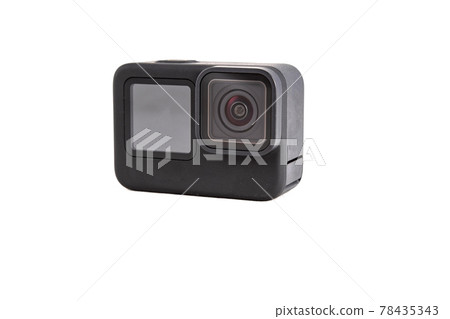 black action camera with screen. front view, isolated white background. 78435343