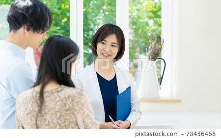 Female person in charge of guiding a couple to a room Model house House maker Finding a room 78436468