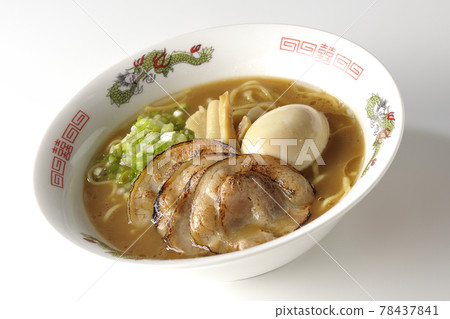 Photographed pork bone soy sauce ramen with roasted char siu, taste balls, menma and all-purpose green onions on a white background 78437841