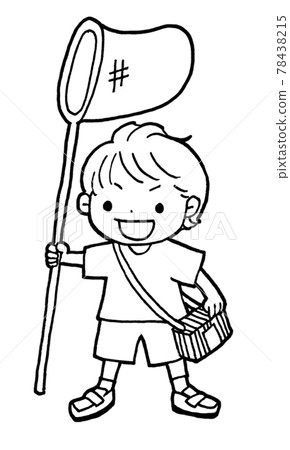 Illustration line drawing of a boy holding an insect catcher Ami and an insect cage 78438215