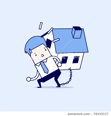 Businessman carry his house debt with chained on ankle. Cartoon character thin line style vector. 78439337