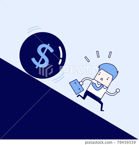 Businessman get away money ball down. Cartoon character thin line style vector. Businessman get away money ball down. Cartoon character thin line style vector. 78439339