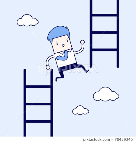 Businessman jump from low stair to high stair. Cartoon character thin line style vector. Businessman jump from low stair to high stair. Cartoon character thin line style vector. 78439340