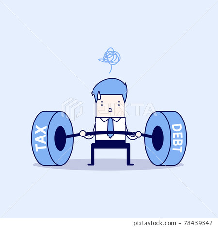 Businessman lifting tax and debt weights. Cartoon character thin line style vector. Businessman lifting tax and debt weights. Cartoon character thin line style vector. 78439342