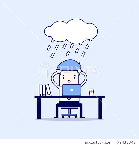 Businessman strain with rain cloud on his head. Cartoon character thin line style vector. Businessman strain with rain cloud on his head. Cartoon character thin line style vector. 78439345