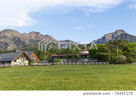 Yatsugatake seen from Kiyosato Plateau in the morning from Seisen Dormitory Early summer May 78441179