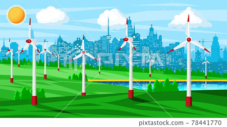 Wind Farm in Green Fields Among Trees. Wind Farm in Green Fields Among Trees. 78441770
