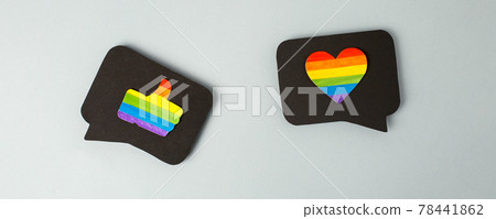 Happy Pride month banner for lgbt rights or social issues event. Colorful rainbow heart and thumb up in black social media interaction cloud, symbol for homosexual love, marriage, partnership sex 78441862