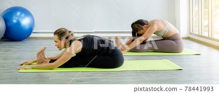 Two Caucasian women exercise doing the yoga pose stretching at home, healthy lifestyle concept Two Caucasian women exercise doing the yoga pose stretching at home, healthy lifestyle concept 78441993