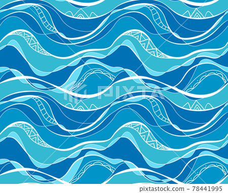 Seamless pattern with blue and turquoise waves with white tribal pattern. Water surface. Vector texture of the ocean and rivers. Wallpaper with a sea ornament. 78441995