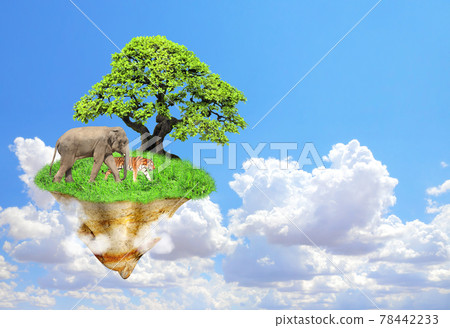 Fantasy floating island with green grass, tree, wild animals Fantasy floating island with green grass, tree, wild animals 78442233